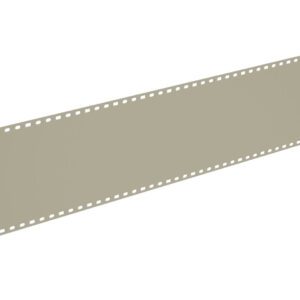 An elongated strip of 35mm film with sprocket holes along both edges, extending diagonally across a white background. The film is unexposed and uniformly tan in color.