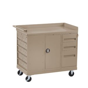 A beige metal utility cart with four wheels. It features a flat top, a central door with a handle, four small drawers on the left, and two medium-sized drawers on the right. The cart is designed for storage and easy mobility.