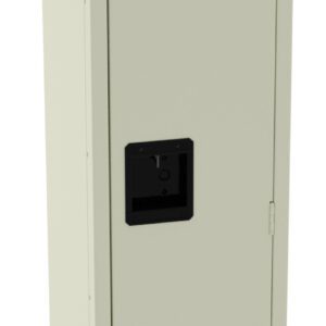 A tall, beige metal storage locker with a black handle and vented panels on the top and bottom. The locker is closed and stands upright against a plain background.