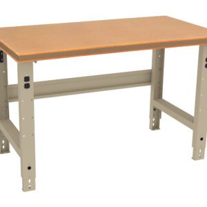 A sturdy workbench with a thick wooden top and metal legs. The design allows for height adjustments, with holes visible on the legs. The frame is beige, providing a neutral, industrial look against the natural wood surface.