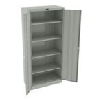 Metal storage cabinet with two doors open, revealing five adjustable shelves inside. The cabinet is light gray and appears empty, showcasing the interior space for organization.