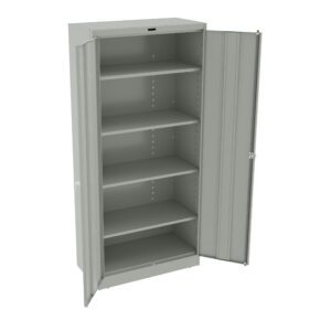 Metal storage cabinet with two doors open, revealing five adjustable shelves inside. The cabinet is light gray and appears empty, showcasing the interior space for organization.