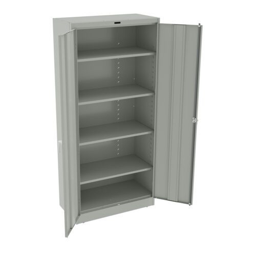 Metal storage cabinet with two doors open, revealing five adjustable shelves inside. The cabinet is light gray and appears empty, showcasing the interior space for organization.