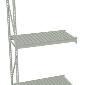 A light gray, three-tiered metal shelf with adjustable rack levels. It has a simple, industrial design with slotted sides for flexibility in height adjustments and uniformly spaced horizontal bars on each shelf for support.