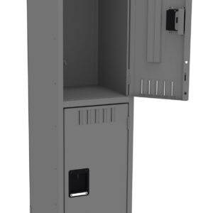 Gray metal locker with two compartments. The top compartments door is open, showing an empty space, while the bottom compartments door is closed. Both doors have ventilation slots and small rectangular handles.