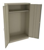 An open metal storage cabinet with two hinged doors, showing an empty interior with a single shelf at the top and a hanging rod below it. The cabinet is beige and has a simple, functional design.