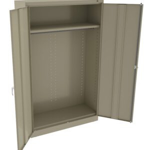 An open metal storage cabinet with two hinged doors, showing an empty interior with a single shelf at the top and a hanging rod below it. The cabinet is beige and has a simple, functional design.