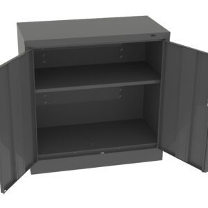 Open gray metal storage cabinet with two doors and two shelves, placed against a plain white background.
