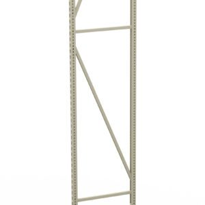 A tall, thin, metal framework with vertical beams and diagonal crossbeams stands against a plain white background. It appears to be a part of an industrial shelving or support structure.