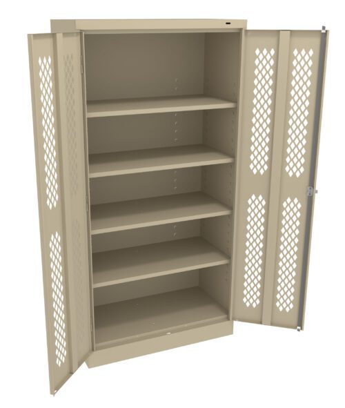 qtwdqt1tlkdhpe45vqcu.jpg A beige metal storage cabinet with double doors open, revealing five adjustable shelves. The doors have a diamond-patterned ventilation design.