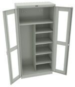 Image of an open gray metal storage cabinet with two doors and a lock. Inside, there is a tall vertical compartment on the left and several horizontal shelves on the right, allowing for organized storage options.