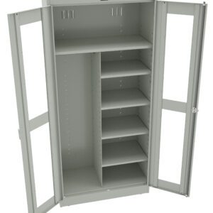 Image of an open gray metal storage cabinet with two doors and a lock. Inside, there is a tall vertical compartment on the left and several horizontal shelves on the right, allowing for organized storage options.