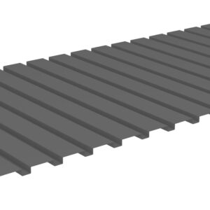 A 3D rendering of a gray, rectangular, corrugated metal sheet displayed diagonally against a white background. The sheet features evenly spaced ridges running parallel along its length.