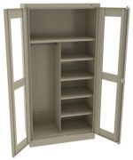 A beige metal storage cabinet with two open doors. The interior features a vertical divider, with several adjustable shelves on the right and a hanging rod for clothes on the left. The cabinet stands on a flat base.