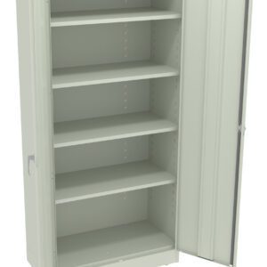 A light gray metal storage cabinet with open double doors and five adjustable shelves. The cabinet has a simple design suitable for organizing or storing items.