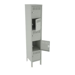 A tall, gray, multi-compartment locker with four doors, three of which are closed and one is open. Each compartment has ventilation slits and a latch for a padlock. The locker stands on four legs.