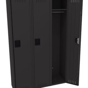 A black metal three-door locker with one door open. The open compartment reveals a hanging rod inside. The lockers have rectangular handles and small ventilation slits near the top and bottom of each door.