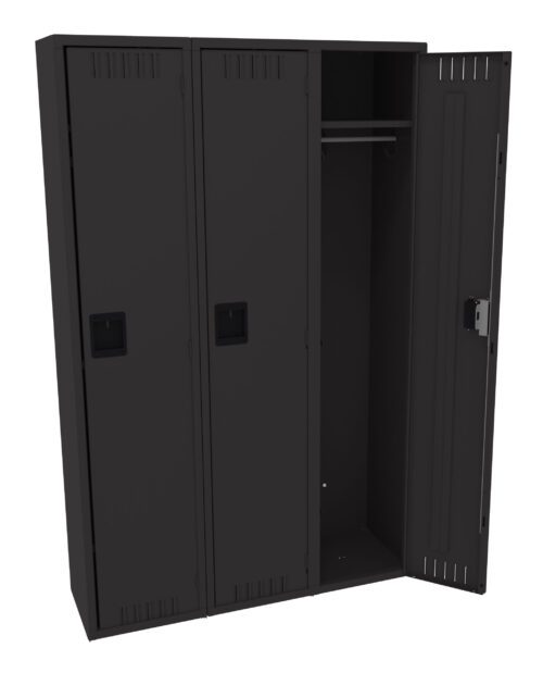 A black metal three-door locker with one door open. The open compartment reveals a hanging rod inside. The lockers have rectangular handles and small ventilation slits near the top and bottom of each door.