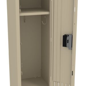A beige metal locker with one open door revealing an interior shelf, a hanging hook, and a spacious compartment below. The locker is upright and stands on four short legs.