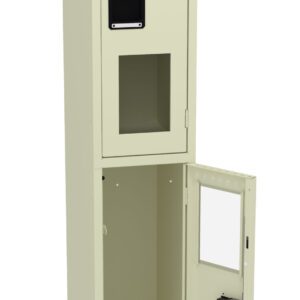 A tall beige metal locker with two compartments is shown. The bottom compartment door is open, revealing an empty interior, while the top compartment is closed. Both doors have transparent windows and black rectangular handles.