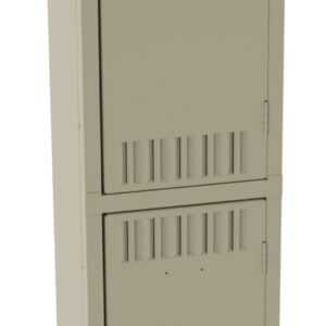 A tall, beige metal locker with two compartments, each featuring ventilation slits and a black rectangular handle. The lockers stand on four short legs. The design is simple and functional.