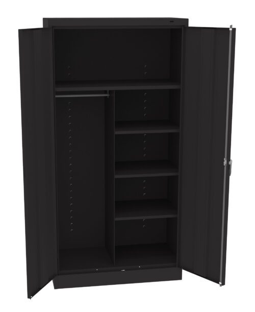 An open black wardrobe with two doors, featuring multiple shelves on the right side and a hanging rod on the left. The interior is empty, showcasing its storage potential.