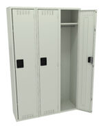 A light gray metal locker with three compartments is shown. The middle door is open, revealing an empty interior with a hanging rod. Each door has a black handle. The locker is freestanding and has ventilation slats at the top.