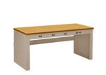 A long, rectangular wooden workbench with a light brown top and a gray metal frame. The bench features multiple black power outlets along the front edge.