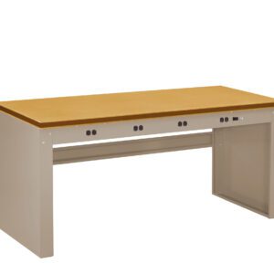 A long, rectangular wooden workbench with a light brown top and a gray metal frame. The bench features multiple black power outlets along the front edge.
