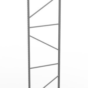 A tall, metal shelving frame with vertical and diagonal supports on a white background. The frame is designed for holding shelves and has multiple holes for adjustable shelf placement.