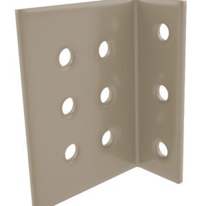 A beige metal bracket with a right-angle shape and four equally spaced holes on each side, reminiscent of robust structural mezzanine components, set against a white background.
