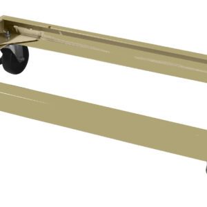 A beige rectangular dolly with four black swivel casters and a red label on the side. The frame is metal, and it is designed for moving heavy objects.