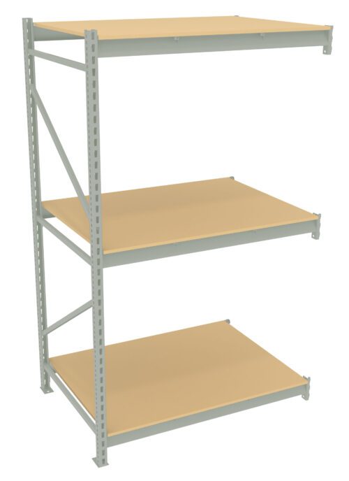 r64bt1zxsg3vcdqiqscs.jpg A three-tier metal shelving unit with beige shelves and a light gray frame, designed for storage purposes. The structure is sturdy, with evenly spaced horizontal supports and vertical braces on the left side for added stability.