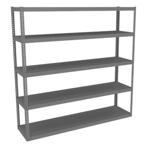 A large, gray metal shelving unit with five adjustable shelves, suitable for storage or organization. The design is simple and industrial, with vertical supports featuring evenly spaced holes for adjusting shelf height.