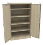 Open beige metal storage cabinet with five empty shelves and two open doors.