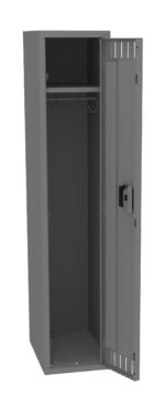 A tall, open metal locker with a single door slightly ajar. Inside, there is a shelf at the top and a hanging rod beneath it. The locker is gray with a simple, sturdy design.