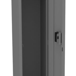 A tall, open metal locker with a single door slightly ajar. Inside, there is a shelf at the top and a hanging rod beneath it. The locker is gray with a simple, sturdy design.