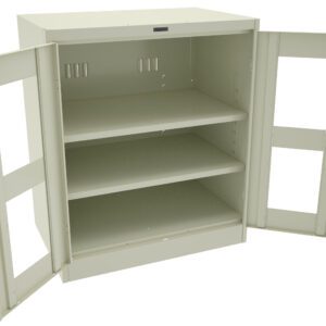 A beige metal cabinet with two open doors revealing three shelves inside. The doors have transparent panels and are secured with a latch. The cabinet appears empty and is designed for storage purposes.