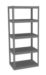 A tall, gray metal storage shelf with five empty tiers. It has a simple design with perforated side panels for adjustable shelving. The background is plain white, emphasizing the shelving units industrial appearance.