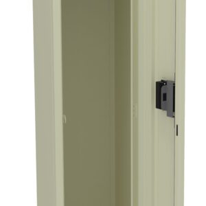 Open beige metal locker with a single door, featuring a top shelf and a hanging rod inside. The locker is empty and set against a plain background.
