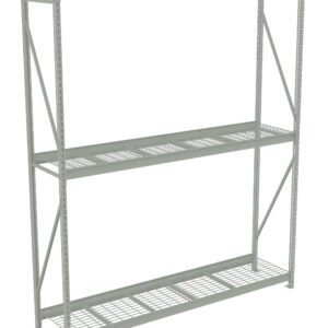 A metal storage rack with three levels of grid-style shelves. The rack is light gray and has a simple, functional design suitable for industrial or warehouse settings. The shelves are supported by vertical beams and cross-braces.