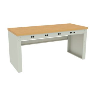 A light-colored workbench with a wooden tabletop and a sturdy frame. The front features multiple sockets and compartments for tools. The benchs simple and clean design is suitable for various work or office environments.