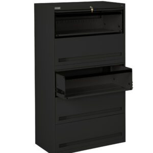 A black metal filing cabinet with five drawers, two of which are open. The top drawer is slightly opened with a visible lock, and the third drawer is fully extended. The cabinet is standing against a plain white background.