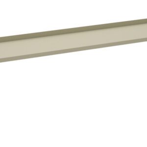 A beige metal shelf bracket with a long, rectangular shape and angled edges, designed to support or hold a shelf. It has several pre-drilled holes for mounting.