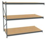 A metal shelving unit with three wooden shelves, viewed at an angle. The frame is gray and has vertical support beams with holes for adjusting shelf height. The shelves are empty, and the design appears sturdy and industrial.