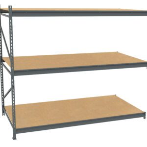 A metal shelving unit with three wooden shelves, viewed at an angle. The frame is gray and has vertical support beams with holes for adjusting shelf height. The shelves are empty, and the design appears sturdy and industrial.