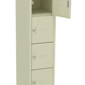 A tall, beige metal locker with six compartments stacked vertically. The second compartment from the top is open, revealing an empty interior. The locker stands on four legs.