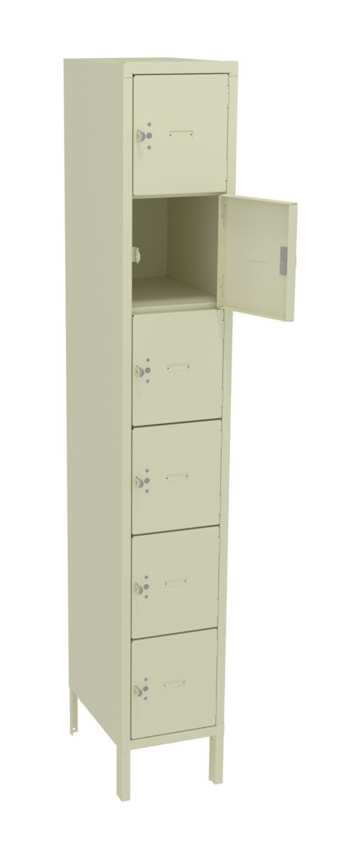 A tall, beige metal locker with six compartments stacked vertically. The second compartment from the top is open, revealing an empty interior. The locker stands on four legs.