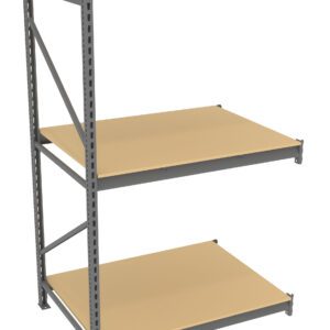 A metal shelving unit with three wooden shelves, positioned in a staggered layout. The structure is sturdy, featuring a gray metal frame, suitable for organizing or storing items.