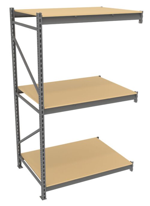 A metal shelving unit with three wooden shelves, positioned in a staggered layout. The structure is sturdy, featuring a gray metal frame, suitable for organizing or storing items.